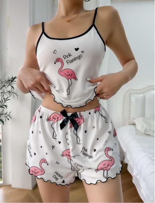 Aria's Closet Pink Flamingo Desenli Askılı Şortlu Pijama Takımı