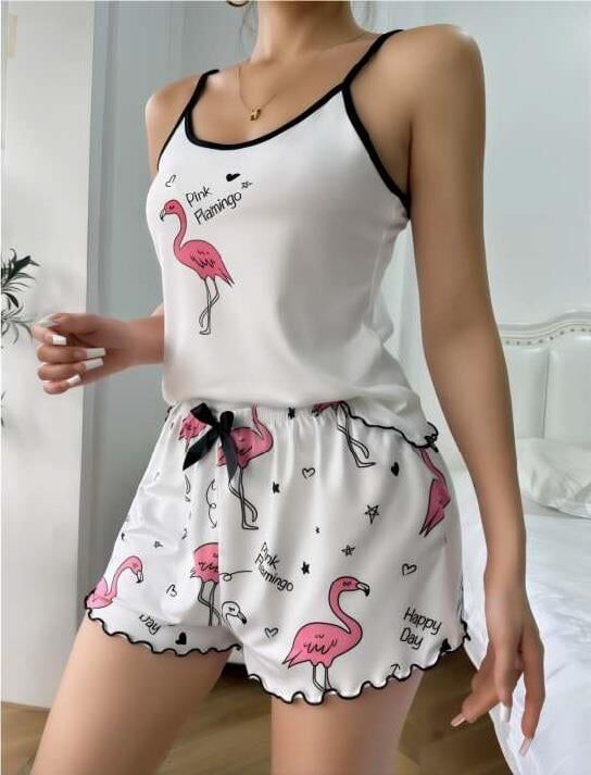 Aria's Closet Pink Flamingo Desenli Askılı Şortlu Pijama Takımı