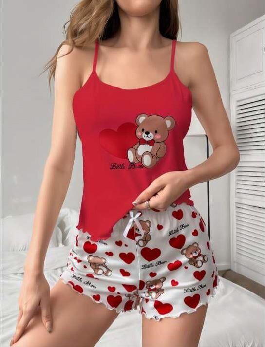 Aria's Closet Kalpli Ayıcık Desenli Askılı Şortlu Pijama Takımı