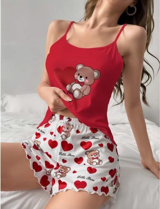Aria's Closet Kalpli Ayıcık Desenli Askılı Şortlu Pijama Takımı