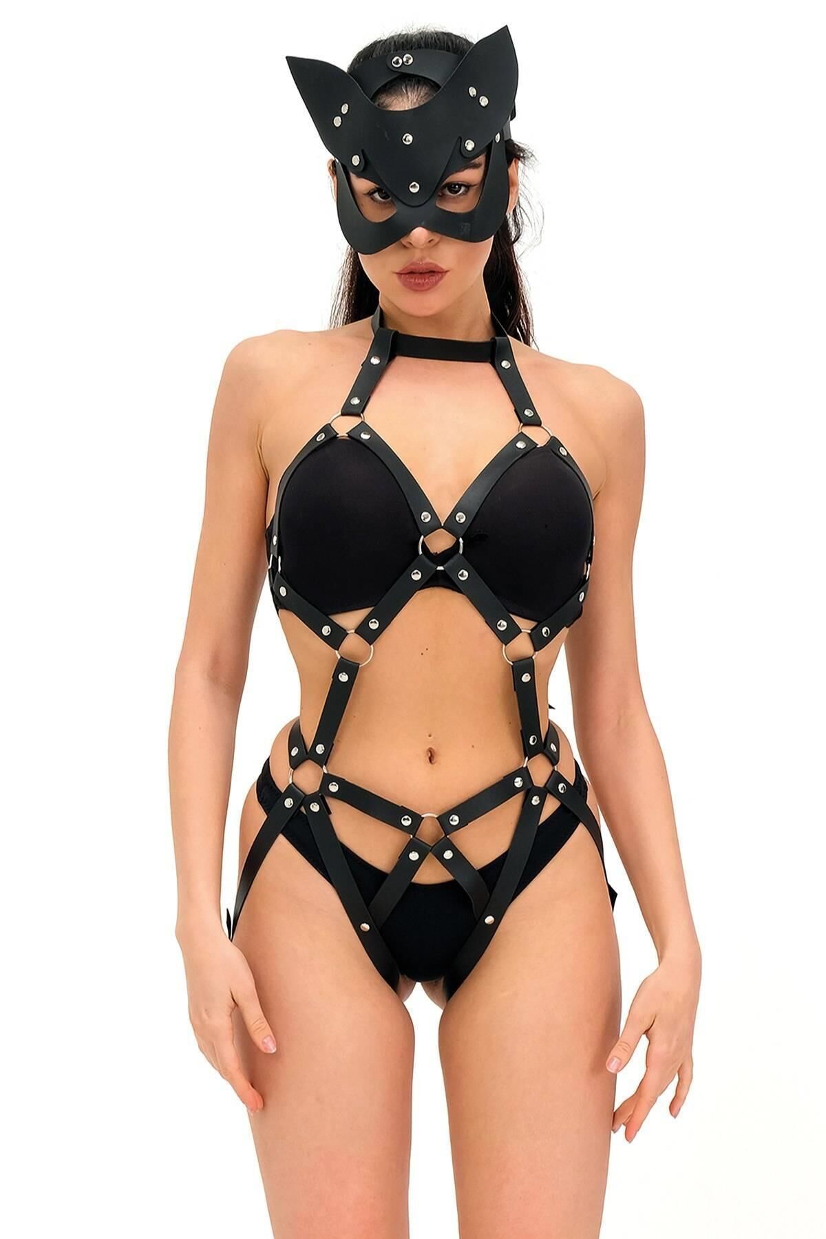 Aria's Closet Kedi Maskeli Deri Sexi Babydoll Harness