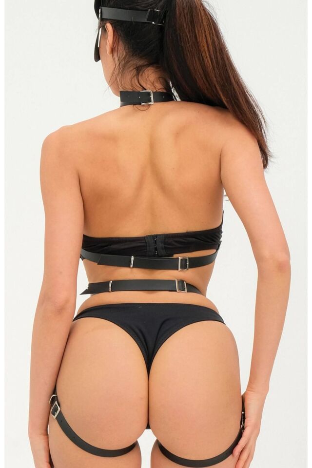Deri Babydoll Harness Zincir Maskeli Takım 800155TAK