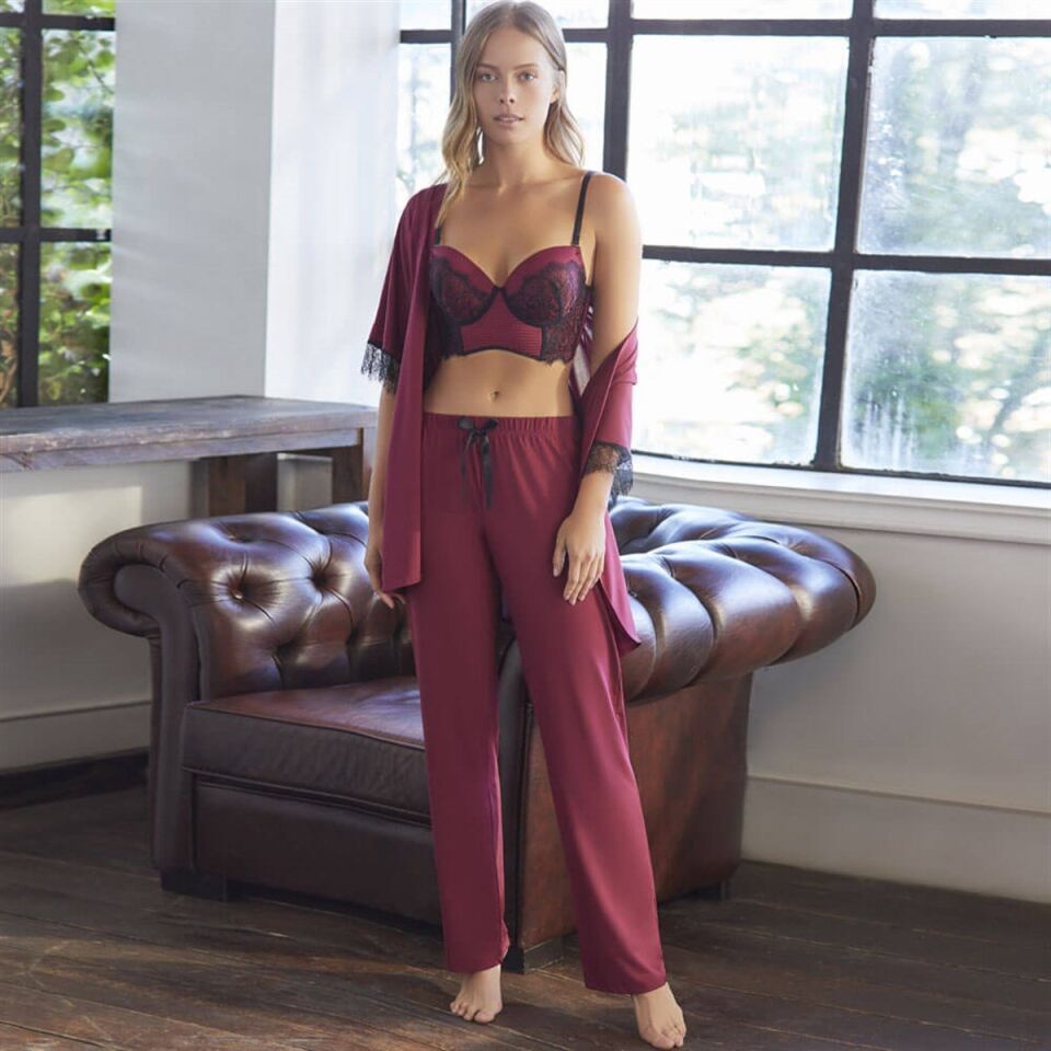 Anıl 4757 Dantelli Push Up Büstiyer Sabahlık 3'lü Takım