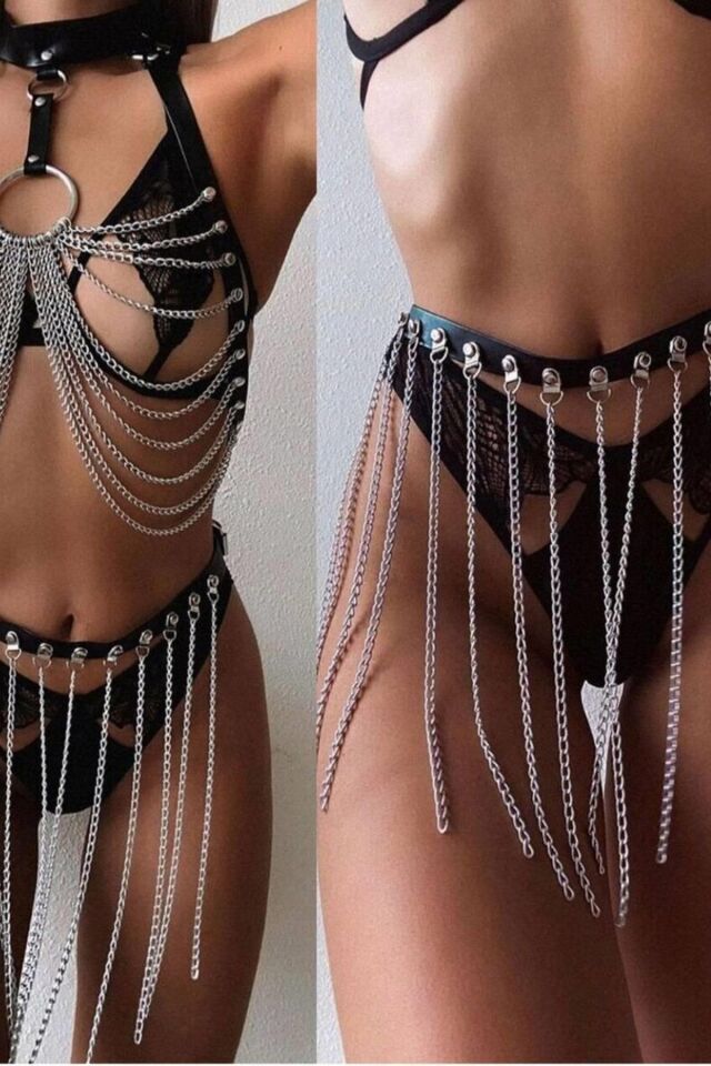 Göğüs Ve Belden Bağlamalı Zincirli Sexi Harness Kadın 1008
