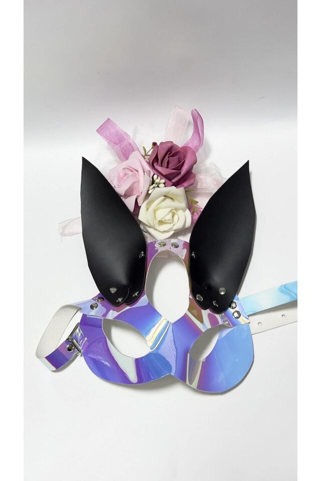 Gümüş/Siyah Tavşan Kulaklı Deri Maske 800487