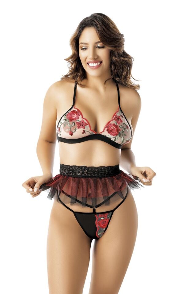 Aria's Closet Nakış Detaylı Fantazi Sütyen Tanga String Takımı