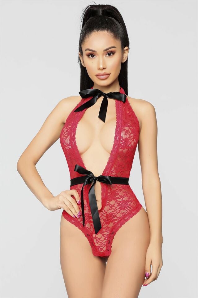 Aria's Closet Kırmızı Boyun ve Bel Kısmı Fiyonklu Babydoll