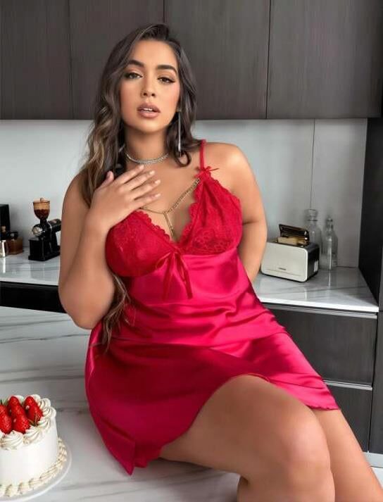 Aria's Closet Büyük Beden Kırmızı Dantel İşlemeli Saten Gecelik