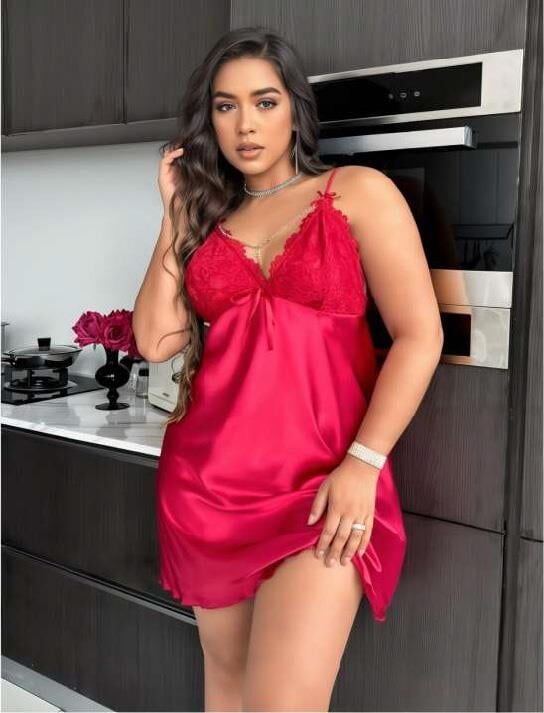 Aria's Closet Büyük Beden Kırmızı Dantel İşlemeli Saten Gecelik
