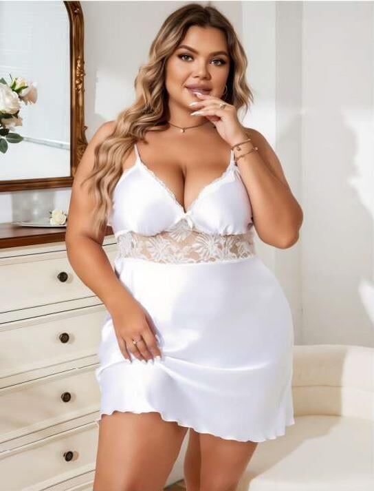 Aria's Closet Büyük Beden Beyaz Dantel İşlemeli Saten Gecelik