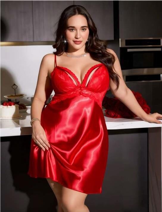 Aria's Closet Büyük Beden Kırmızı Dantel Detaylı Saten Gecelik