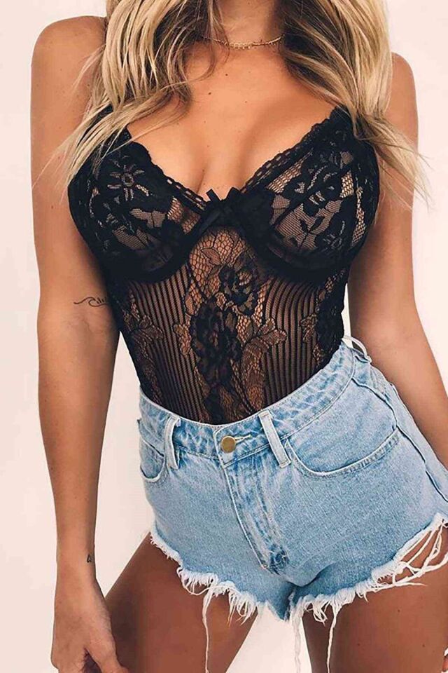 Aria's Closet Zarif Siyah Dantel Body