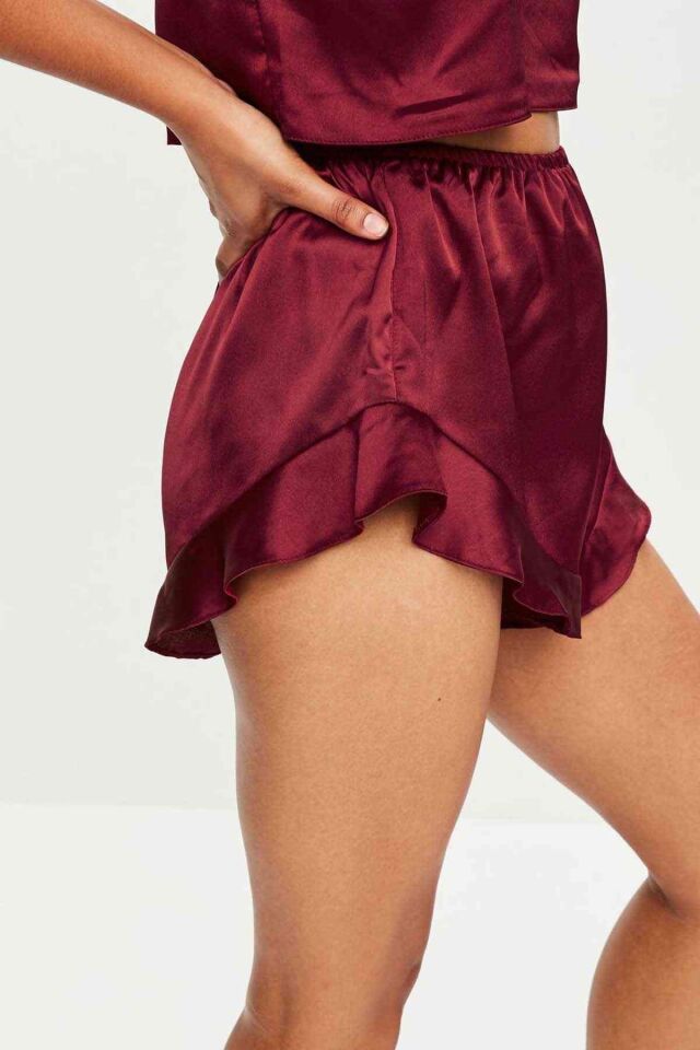 Aria's Closet Bordo Saten Büstiyer Şort Takım