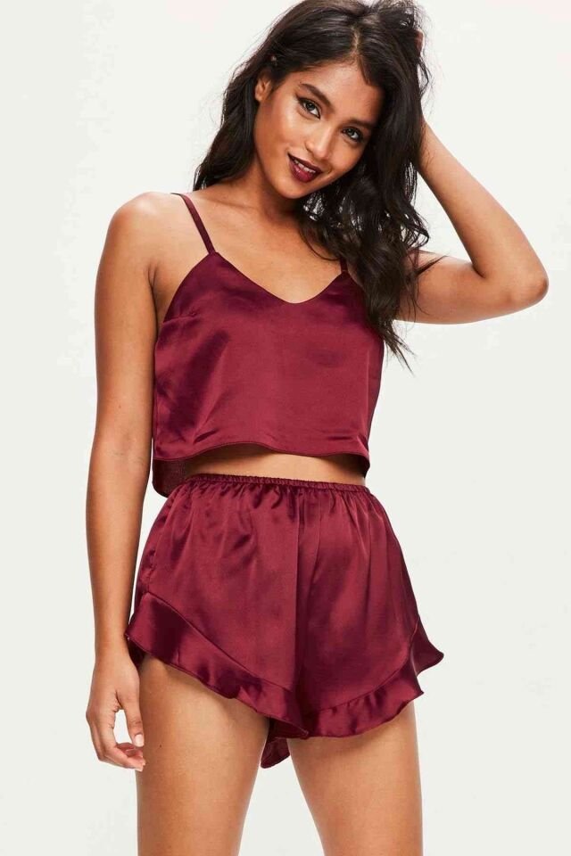 Aria's Closet Bordo Saten Büstiyer Şort Takım