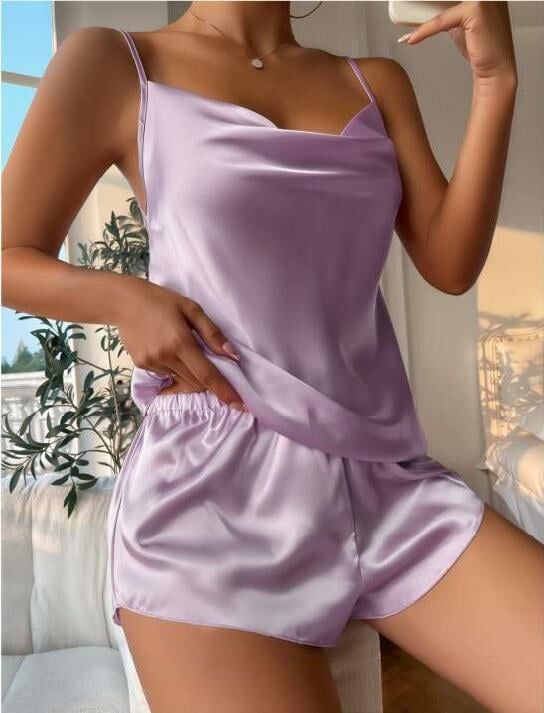 Aria's Closet Lila İnce Askılı Saten Şortlu Takım