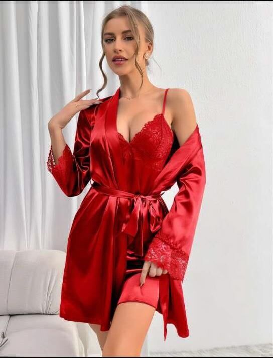 Aria's Closet Dantel İşlemeli İnce Askılı Kırmızı Saten 2'li Gecelik Sabahlık Takımı