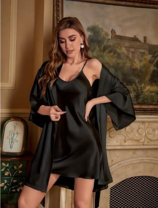 Aria's Closet İnce Askılı Siyah Saten 2'li Gecelik Sabahlık Takımı
