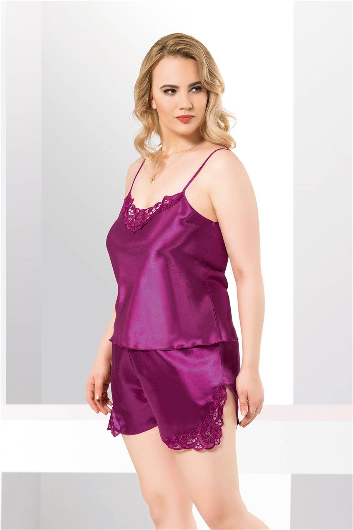 Aria's Closet Büyük Beden Mor Saten Babydoll Şort Takımı