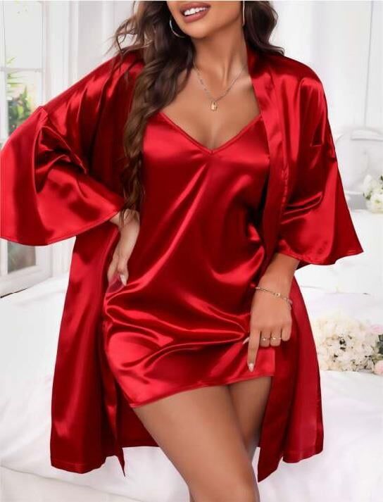 Aria's Closet İnce Askılı Kırmızı Saten 2'li Gecelik Sabahlık Takımı