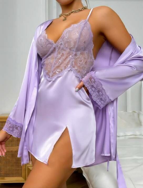 Aria's Closet Dantel İşlemeli İnce Askılı Mavi Saten 2'li Gecelik Sabahlık Takımı