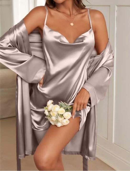 Aria's Closet Degajeli İnce Askılı Vizon Saten 2'li Gecelik Sabahlık Takımı
