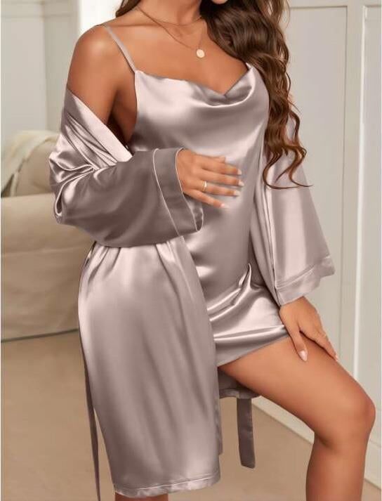 Aria's Closet Degajeli İnce Askılı Vizon Saten 2'li Gecelik Sabahlık Takımı