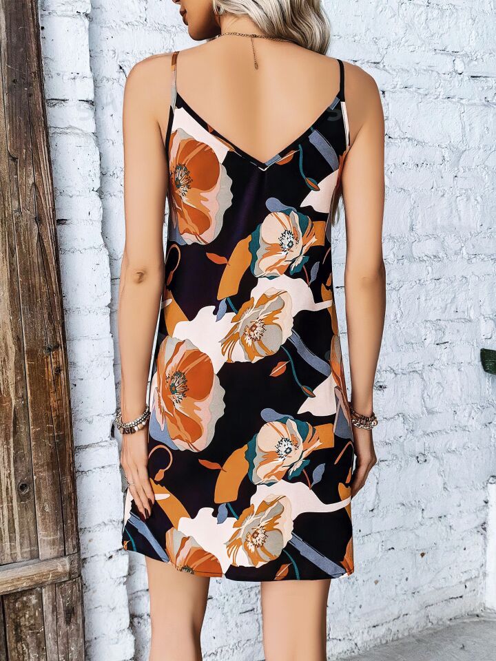 Aria's Closet Lacivert Çiçekli Desenli Midi Saten Gecelik