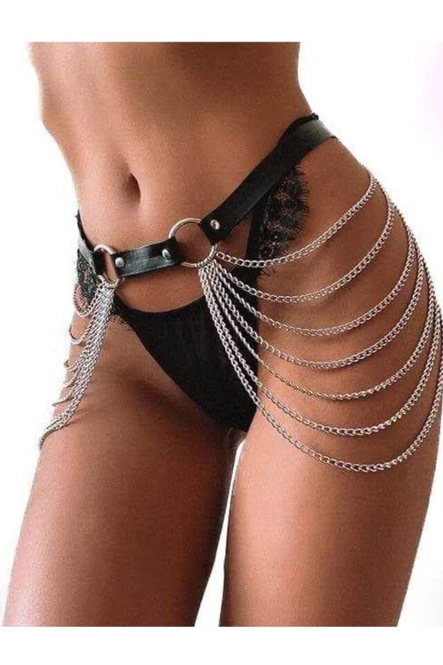 Aria's Closet Beli Deri İle Tutturulmuş Zincir İle Süslenmiş Harness