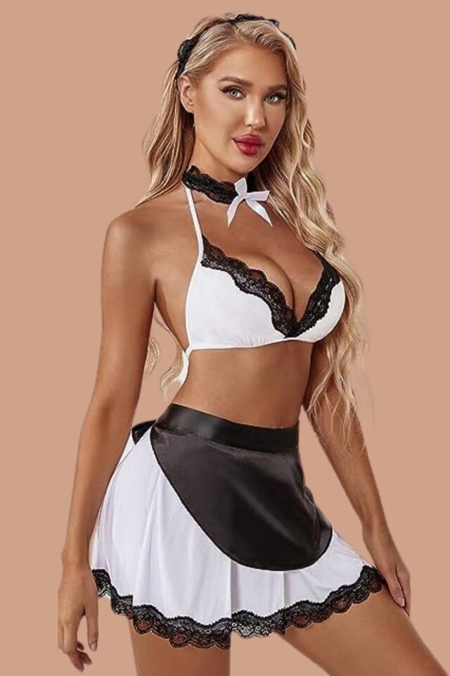 Aria's Closet Fantezi Şık Kenarları Dantel İle Süslenmiş Hizmetci Kostümü