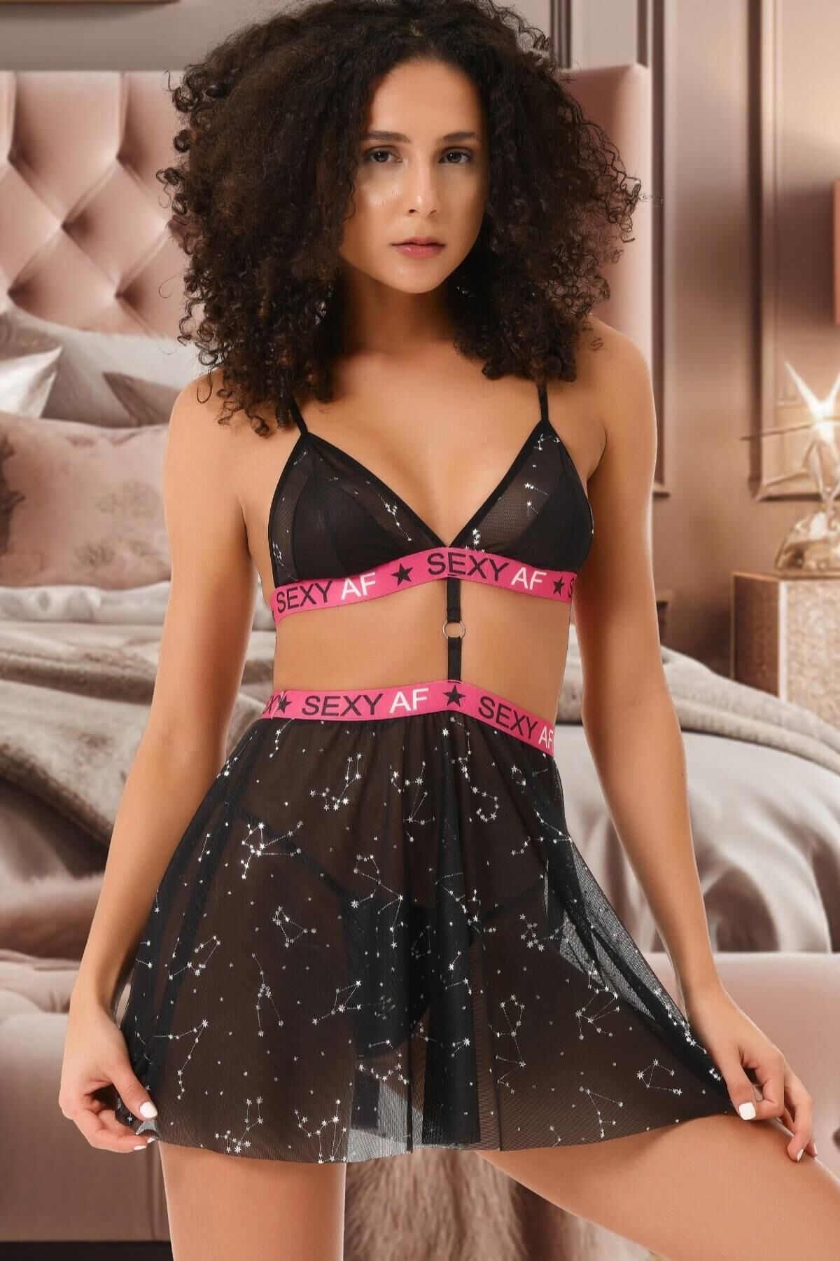 Aria's Closet Tül Üstüne Baskılı Şık Sütyen Külot Etekli Sexy Yazılı Gecelik