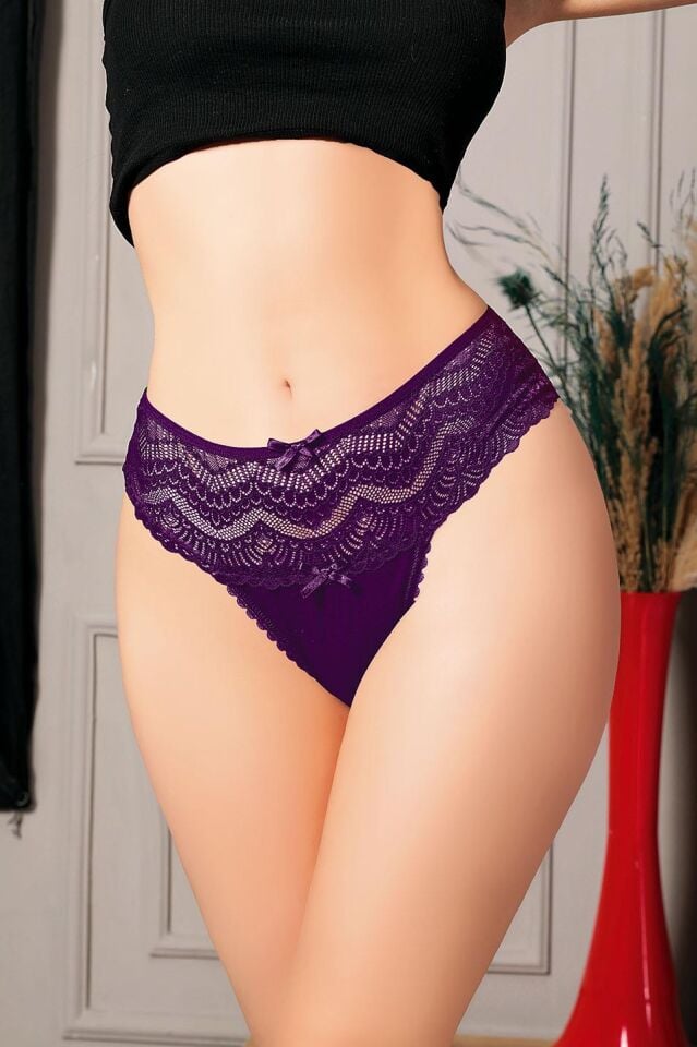Aria's Closet Büyük Beden Bel Kısmı Dantelli Fantezi Mor Tanga String