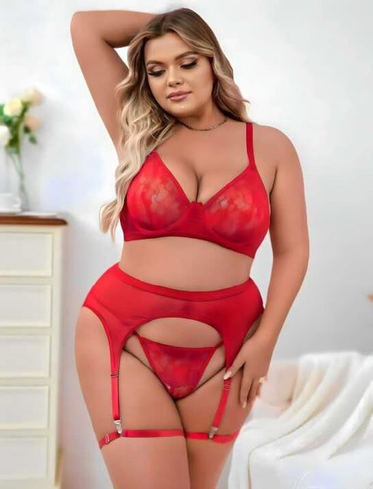 Aria's Closet Büyük Beden Kırmızı Dantel İşlemeli Fantezi Jartiyer Takımı