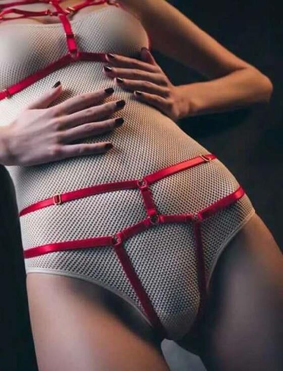 Aria's Closet Kırmızı Fantezi Deri Sütyen Külot Harness