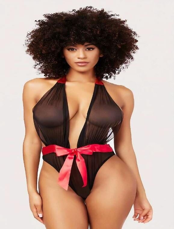 Aria's Closet Siyah Transparan Tül Kırmızı Kurdelalı Fantezi Babydoll