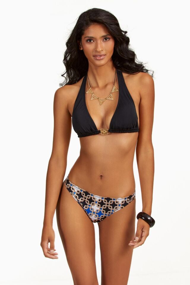 Mavi Zincir Desenli Uzun Üçgen Bikini Takımı
