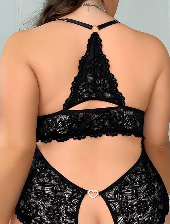 Aria's Closet Büyük Beden Siyah Dantel İşlemeli Özel Bölgesi Açık Fantezi Babydoll