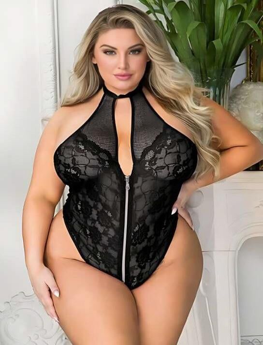 Aria's Closet Büyük Beden Siyah Dantel İşlemeli Fermuarlı Fantezi Babydoll