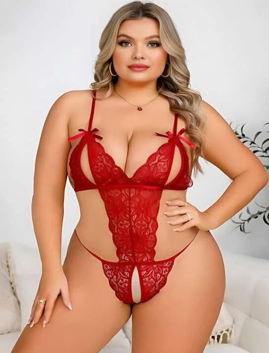 Aria's Closet Büyük Beden Kırmızı Dantel İşlemeli Dekolteli Fantezi Babydoll