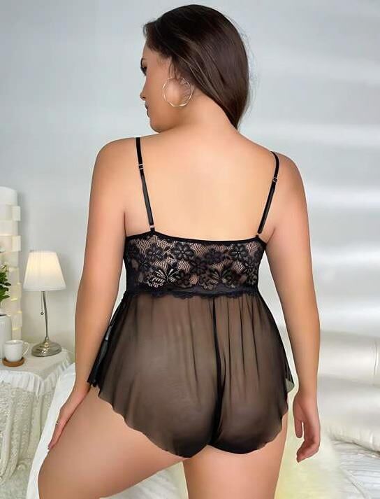 Aria's Closet Büyük Beden Siyah Dantel İşlemeli Fırfırlı Fantezi Babydoll