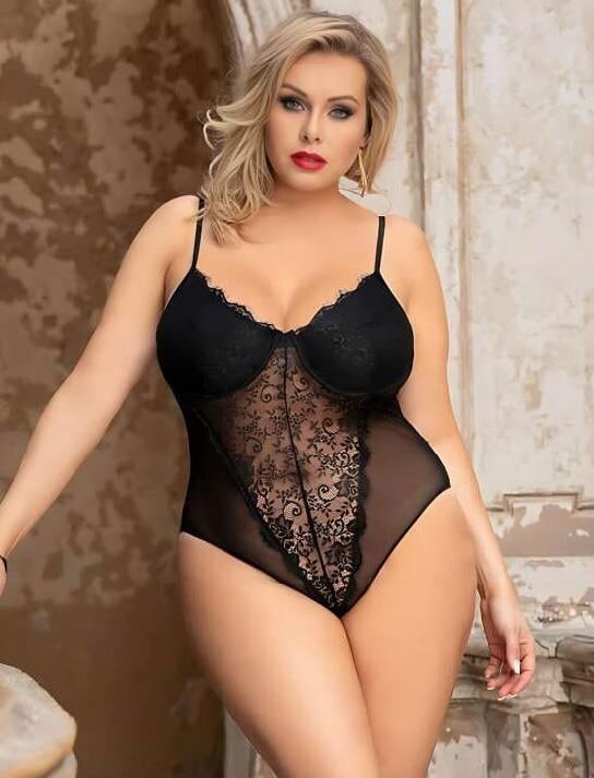 Aria's Closet Büyük Beden Siyah Dantel İşlemeli Tül Fantezi Babydoll