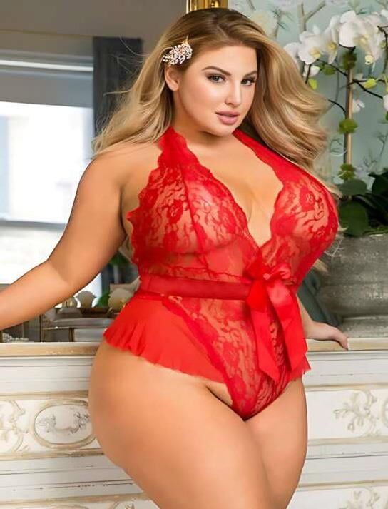 Aria's Closet Büyük Beden Kırmızı Kurdelalı Dantel İşlemeli Fantezi Babydoll
