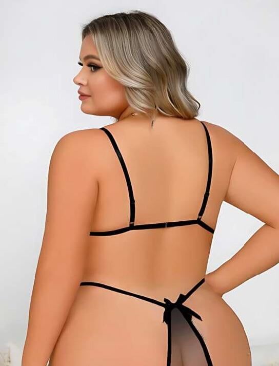 Aria's Closet Büyük Beden Siyah Dantel İşlemeli Dekolteli Fantezi Babydoll