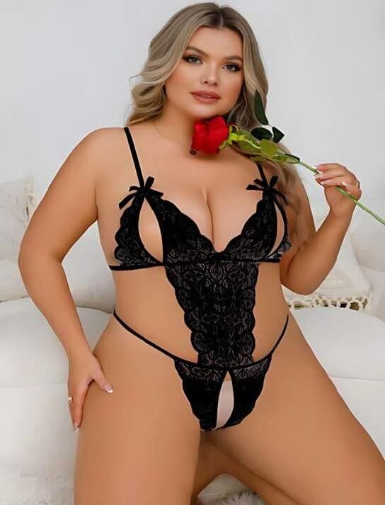 Aria's Closet Büyük Beden Siyah Dantel İşlemeli Dekolteli Fantezi Babydoll