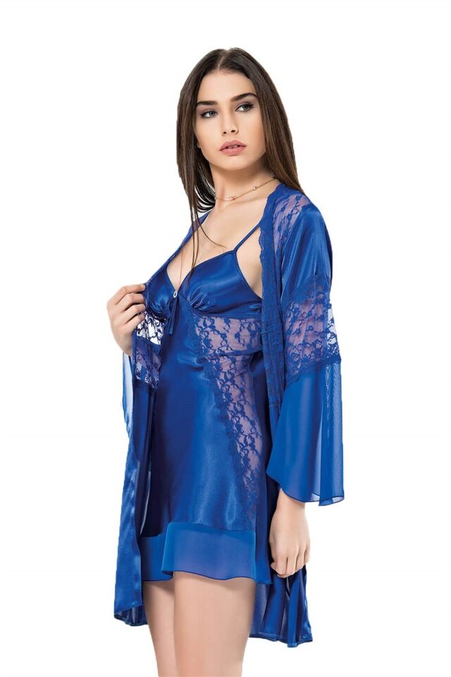 Aria's Closet Saks Kısa İkili Saten Sabahlık Gecelik Takımı