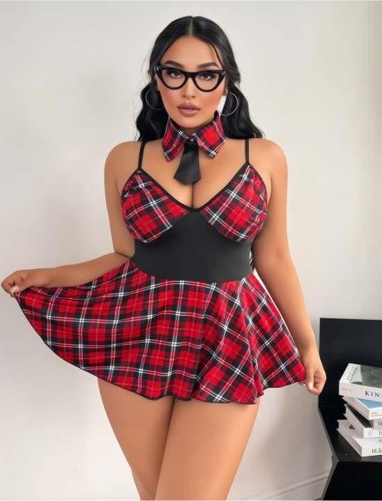 Aria's Closet Büyük Beden Ekoseli Kravatlı Liseli Fantezi Kostüm