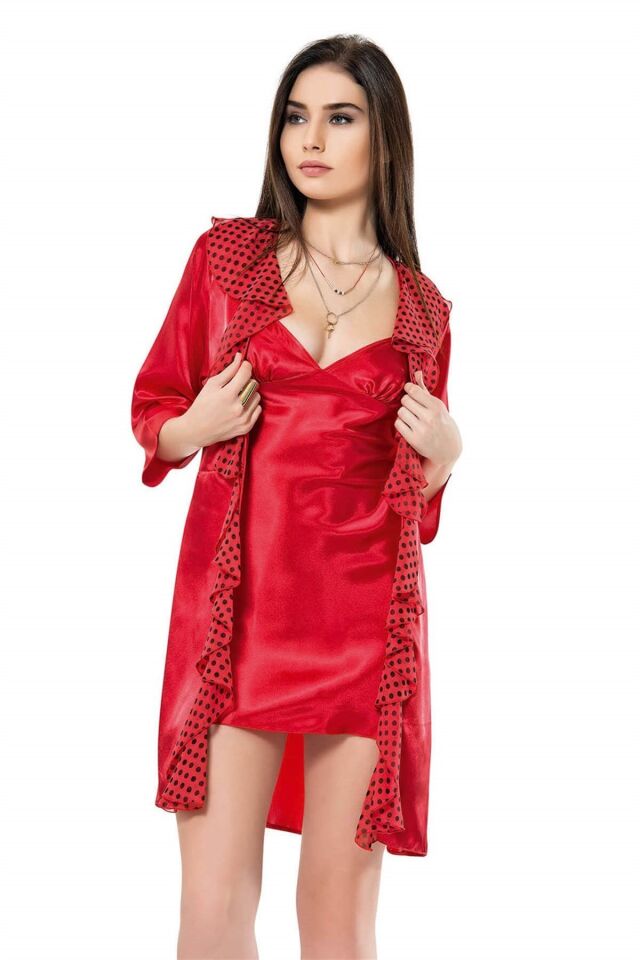Aria's Closet Kırmızı Kısa İkili Saten Sabahlık Gecelik Takımı