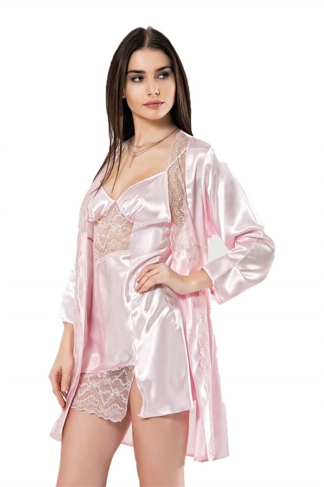Aria's Closet Pembe Kısa İkili Saten Sabahlık Gecelik Takımı