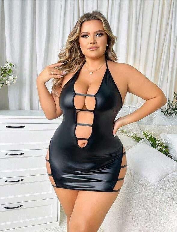 Aria's Closet Büyük Beden Siyah Deri İp Detaylı Fantezi Elbise