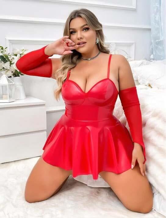 Aria's Closet Büyük Beden Kırmızı Parlak Deri Fantezi Elbise
