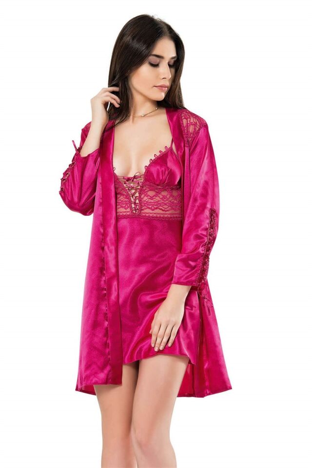 Aria's Closet Vişne Kısa İkili Saten Sabahlık Gecelik Takımı